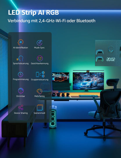 Lepro AI LED Streifen SE1, 10M Smart LED Strip RGB mit App-Sprachbefehle, Musik Sync, Personalisierter KI-Lichtdesigner, kompatibel mit Alexa&Google Assistant, für Party/Zuhause, Keine Fernbedienung