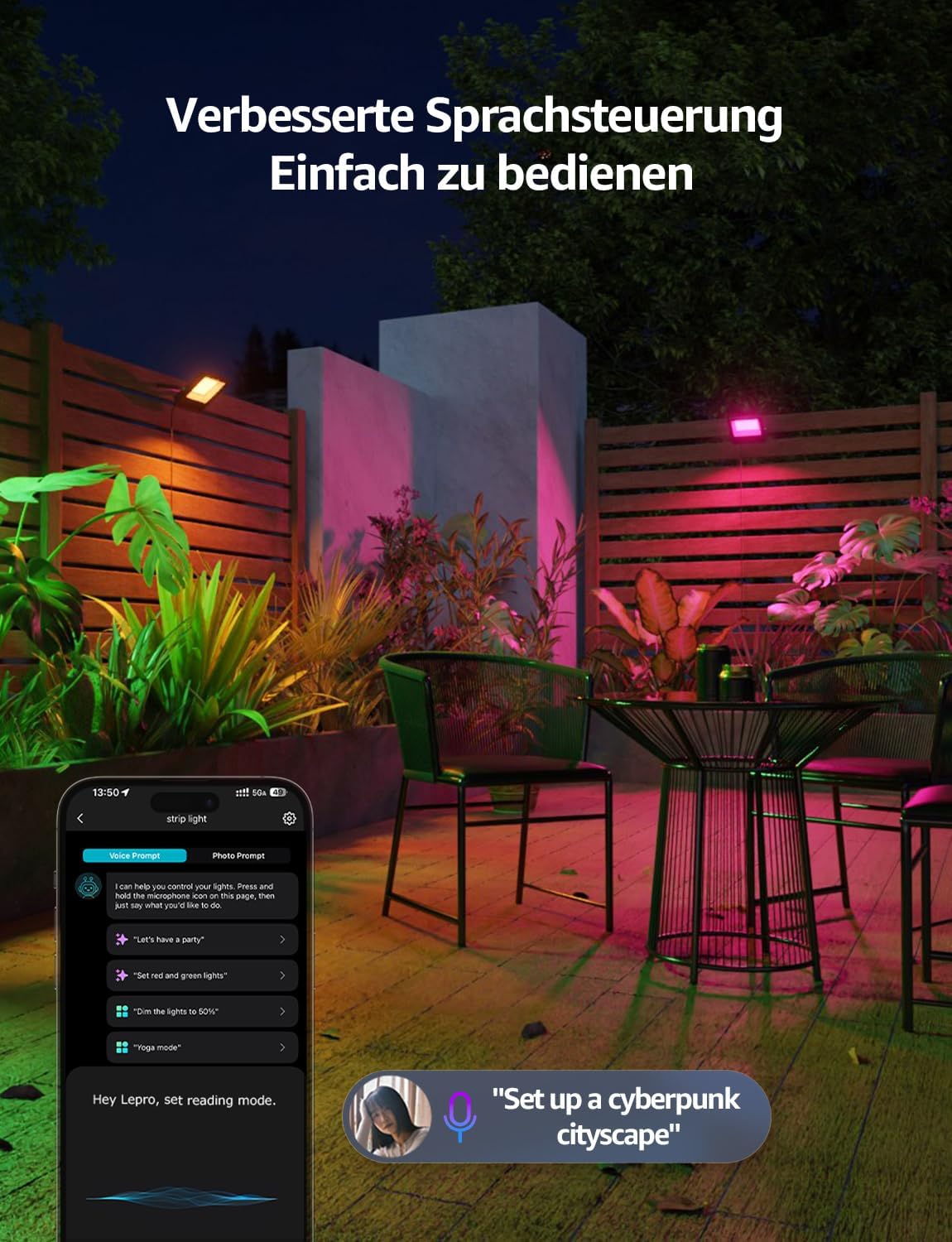 Lepro AI Smart 50W Led Strahler Außen F1, RGB Dimmbar Außenstrahler, Personalisierter KI-Lichtdesigner, Musik Sync/APP Sprachsteuerung, IP65 Wasserdicht Fluter für Garten, Kompatibel mit Alexa/Google