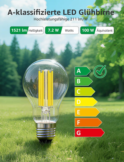 Lepro Energieklasse A E27 LED Warmweiss, 7.2W 1521 Lumen Glühbirne E27, Nicht Dimmbar, A60 Led Birne, 2700 Kelvin Warmweiß, 300° Abstrahlwinkel Energiesparlampe, ersetzt 100W Leuchtmittel, 2 Stück