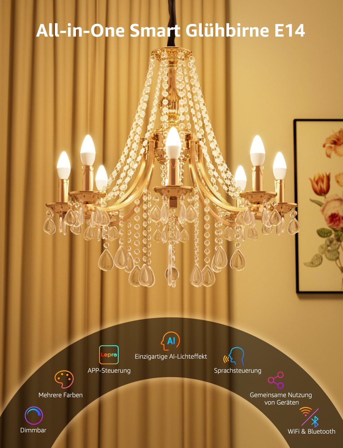 Lepro AI Smart Glühbirne BC1, E14 Smart LED Lampe 4.9W 470LM Dimmbar, Großes Sprachmodell LLM, Farbwechsel mit Musik Sync/Eingebautes Spracherkennung, Bluetooth Sofortige Kopplung, 2 Stück