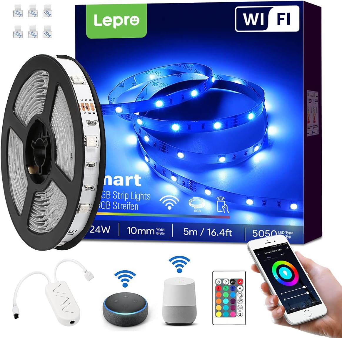 Lepro Smart LED Strip 5M, RGB Dimmbar 150 LEDs, LED Streifen Wifi, Wlan LED Band, Superhell Selbstklebend Lichtband, Lichterkette mit Fernbedienung,[nur 2.4GHz] Kompatibel mit Alexa, Google Home