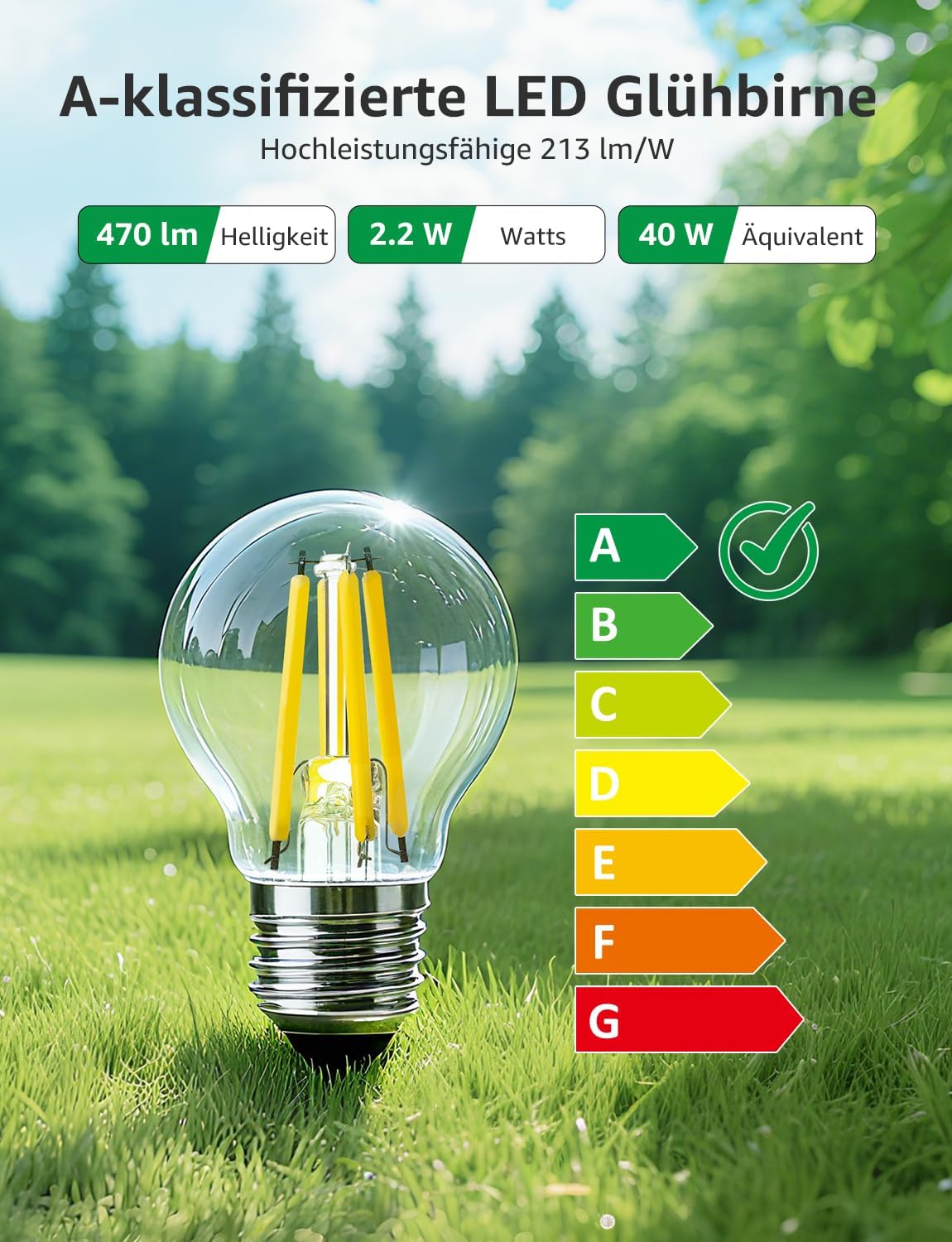 Lepro Energieklasse A E27 LED Warmweiss, 2.2W 470 Lumen Glühbirne E27, Nicht Dimmbar, G45 Led Birne, 2700 Kelvin Warmweiß, 300° Abstrahlwinkel Energiesparlampe, ersetzt 40W Leuchtmittel, 2 Stück