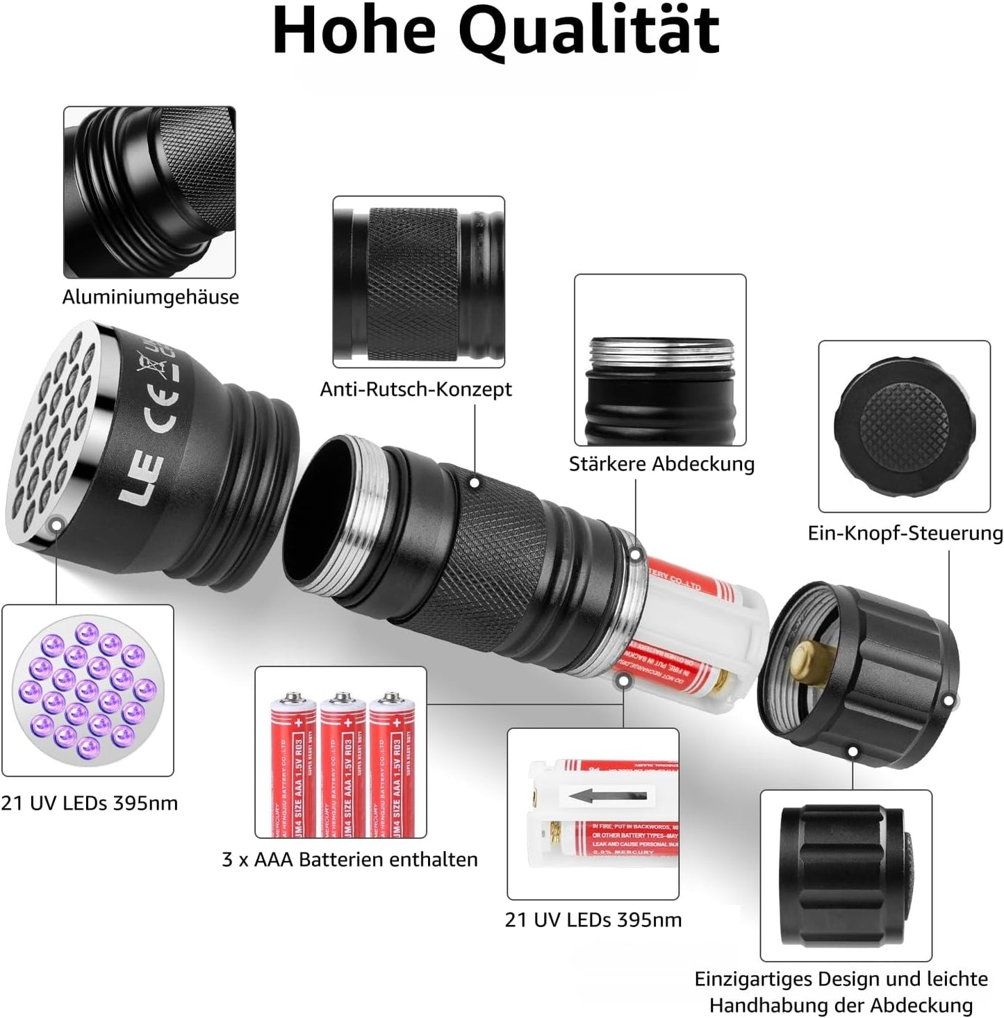 LE Ultraviolett LED UV-Taschenlampe mit 21 LEDs 395nm, UV-Strahler, Handlampe, Prüfgerät, Fleckendetektor / Urindetektor für Haustiere wie Katze, Hund usw.