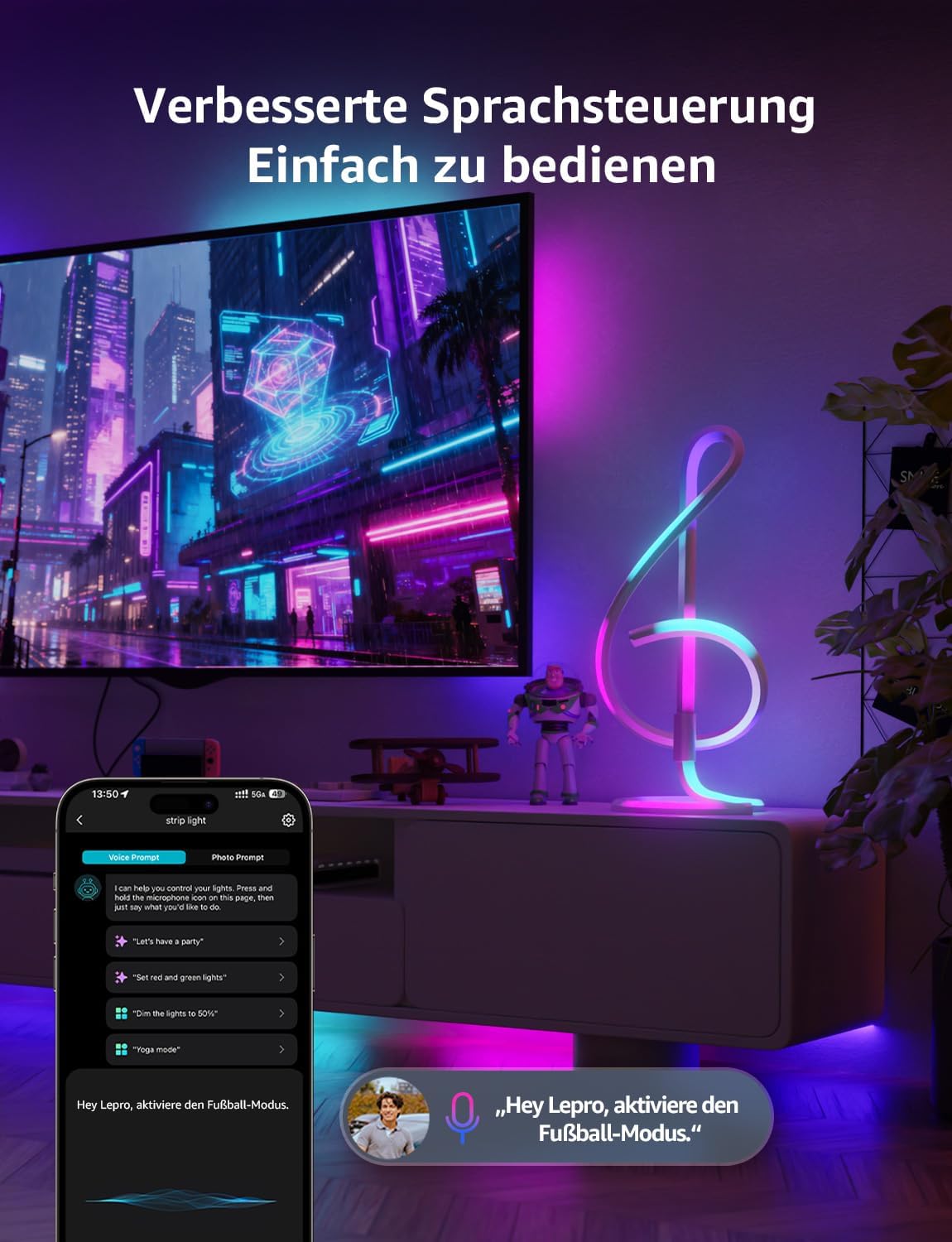 Lepro AI Smart Tischlampe TB2, Personalisierter KI-Lichtdesigner, Musik Sync/APP Sprachsteuerung Tischleuchte, Table Lampe Dimmbar, RGB+IC-Technologie, Kompatibel mit Alexa/Google, Keine Fernbedienung