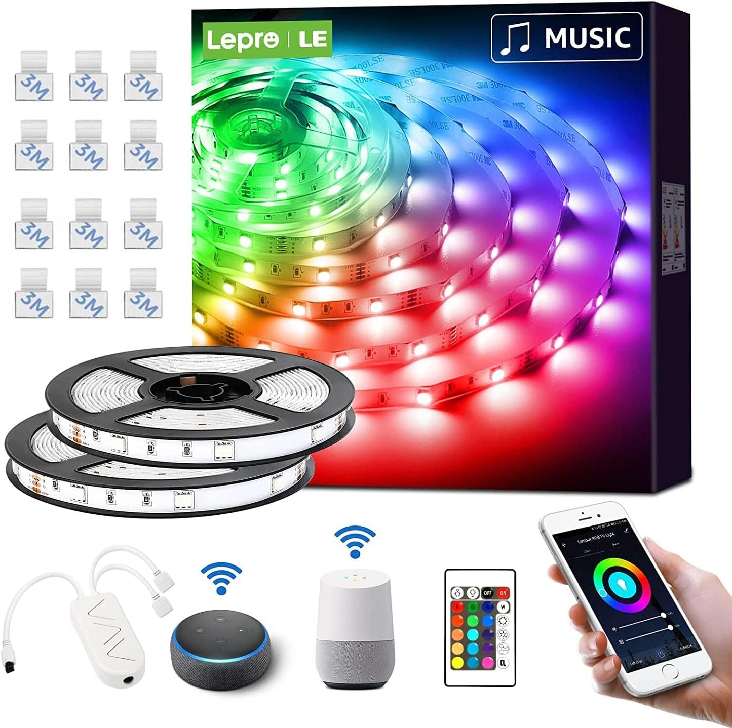 LE Smart LED Strip 10M, 2x5M, Musik Sync, RGB 300 LEDs, Wifi LED Streifen, Superhell 5050 Selbstklebend Lichtband Wlan, Lichterkette mit Fernbedienung, Kompatibel mit Alexa, App, Google Home