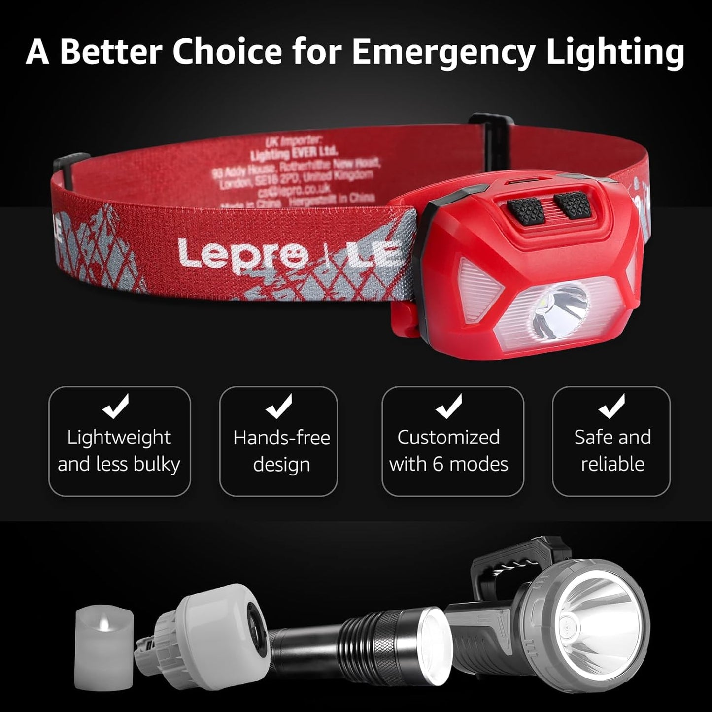 Lepro Stirnlampe, 1300 Lux LED XPG Kopflampe mit 6 Lichtmodi Scheinwerfer und Rotlicht, IPX4 spritzwassergeschütztes Gehäuse, Batteriebetrieben Stirnlampen, Ideal für Camping Joggen, Rot, 2 Stück