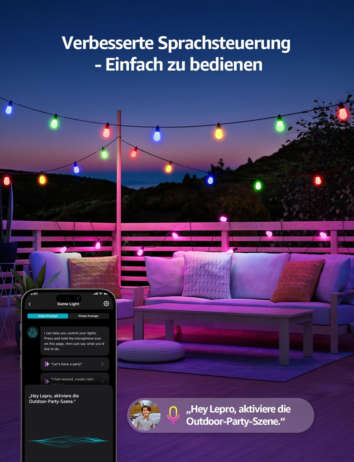 Lepro ZB1 AI LED Lichterkette Außen 15m, RGB+Warmweiß Smarte LED S14 WLAN Glühbirnen,App-Steuerung,Funktioniert mit Alexa&Google,IP65,Personalisierter KI-Lichtdesigner,ohne Fernbedienung, 15 LEDs