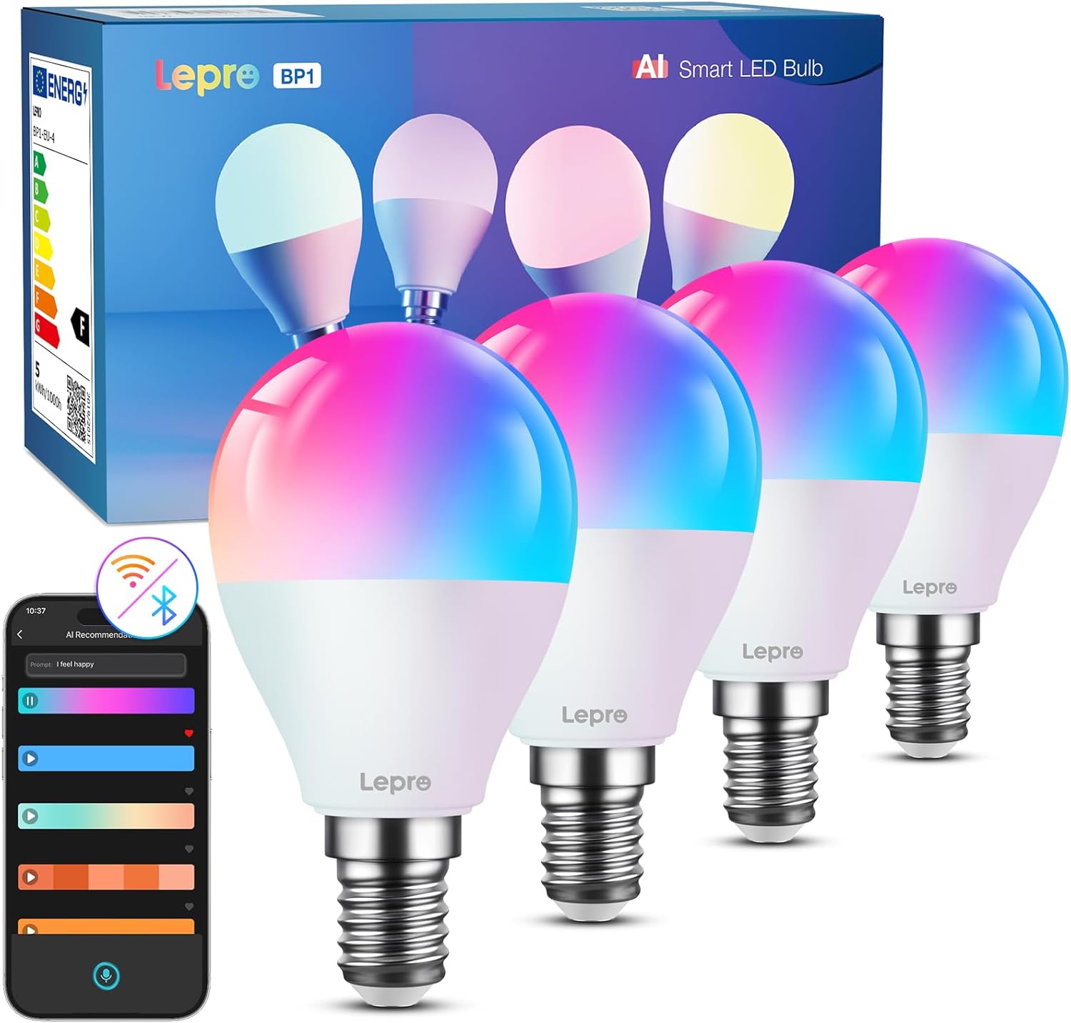 Lepro AI Smart Glühbirne BP1, G45 E14 LED Lampe Dimmbar 4.9W 470LM RGB+CCT, Personalisierter KI-Lichtdesigner mit Sprachsteuerung/Musik Sync, Kompatibel mit Alexa/Google, WiFi & Bluetooth, 4 Stück
