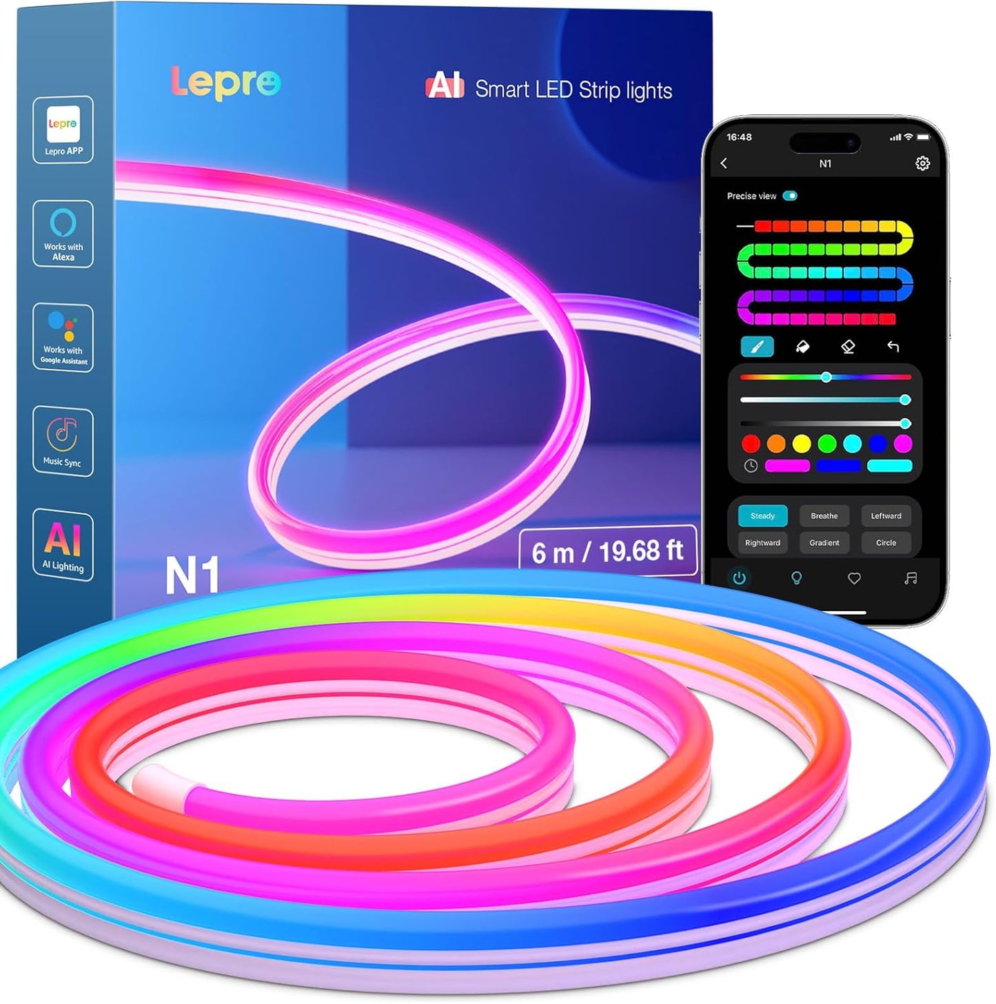 Lepro Neon AI LED Strip 6m, RGB LED Streifen mit App-, Musik- und Sprachsteuerung, kompatibel mit Alexa & Google Assistant, für Wohnzimmer, Gaming, Party, Wanddeko, Personalisierter KI-Lichtdesigner