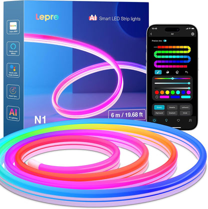 Lepro Neon AI LED Strip 6m, RGB LED Streifen mit App-, Musik- und Sprachsteuerung, kompatibel mit Alexa & Google Assistant, für Wohnzimmer, Gaming, Party, Wanddeko, Personalisierter KI-Lichtdesigner