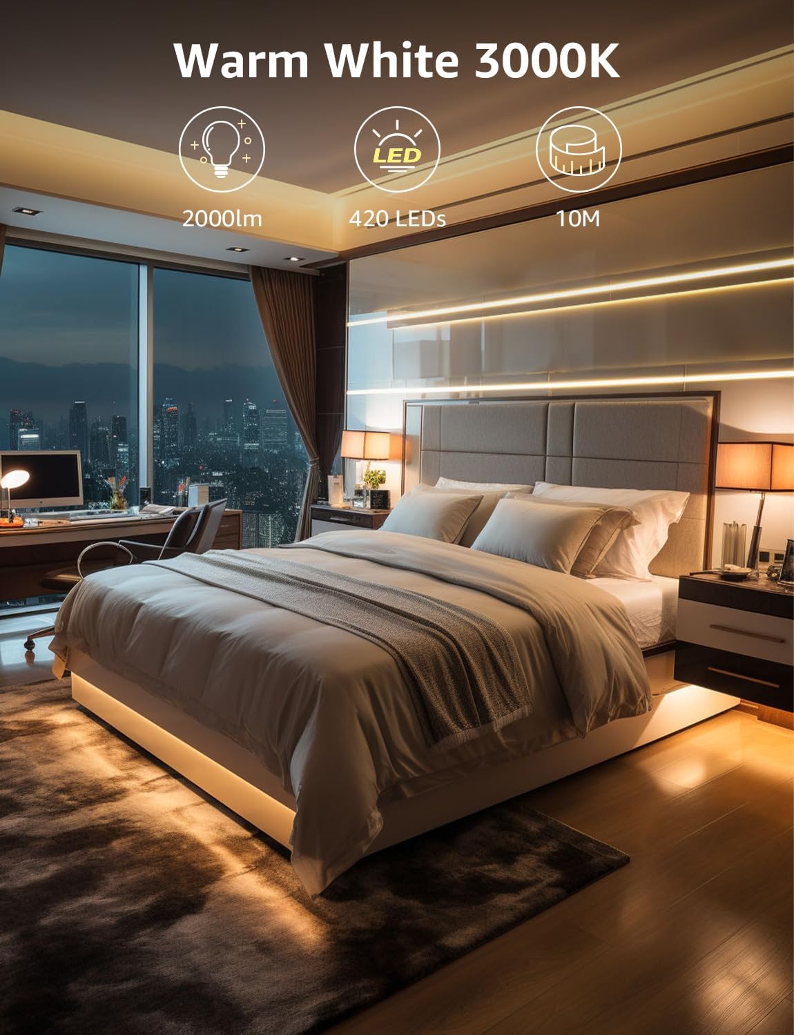 Lepro LED Strip 10M Warmweiss, LED Streifen Warmweiß 3000K Dimmbar, 2835 LED Band Selbstklebend 420 LEDs, Superhell LED Lichtband Leiste mit Netzteil, Lichterkette Kette für Innen Küche Heim Deko