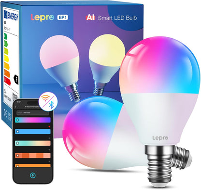 Lepro AI Smart Glühbirne BP1, G45 E14 LED Lampe Dimmbar 4.9W 470LM RGB+CCT, Personalisierter KI-Lichtdesigner mit Sprachsteuerung/Musik Sync, Kompatibel mit Alexa/Google, WiFi & Bluetooth, 2 Stück
