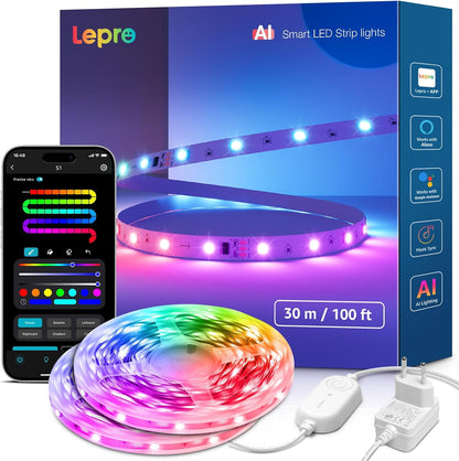 Lepro AI LED Streifen S1, MagicColor RGBIC 30M Smart LED Strip mit Personalisierter KI-Lichtdesigner, Musik-Sync, App-Steuerung kompatibel mit Alexa&Google Assistant, LED Lichterkette für Party&Gaming