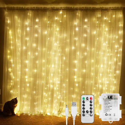 LE Lichtervorhang 3 * 3m, USB Lichterketten Vorhang 300 LEDs Warmwei?, 8 Modi Dimmbare Kupferdraht, Lichterkette Batterie f¨¹r Au?en Innen Deko Schlafzimmer, Partydekoration, Weihnachten, Hochzeit