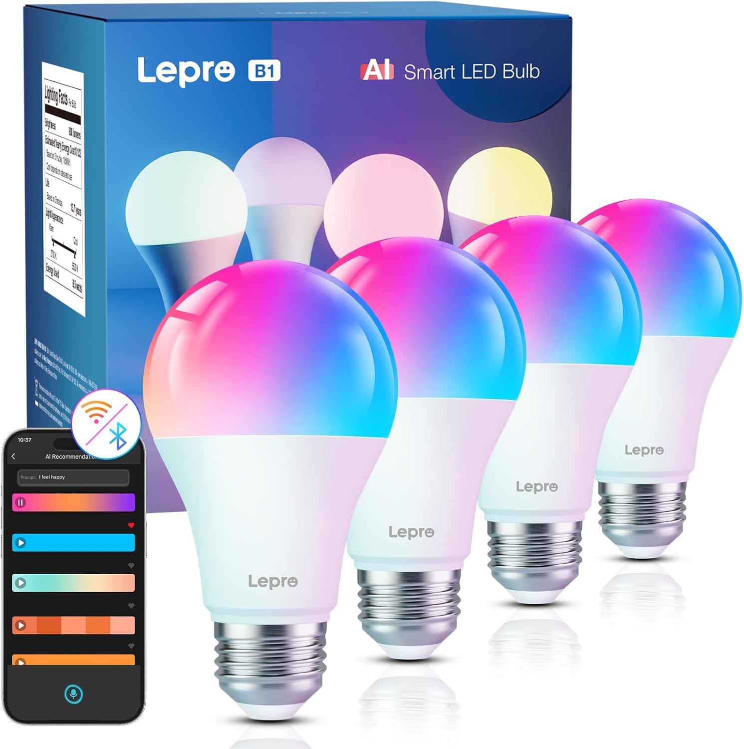 Lepro AI Smart Glühbirne B1, E27 Lampe 8.5W 806lm Dimmbar, Personalisierter KI-Lichtdesigner, Sprachsteuerung/Musik Sync, WiFi & Bluetooth Smart Bulb, Kompatibel mit Alexa/Google Assistant, 4 Stück