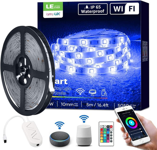 LE LED Strip Smart 5M Wasserdicht, RGB 150 LEDs, 5050 SMD Wifi LED Streifen, 12V, Selbstklebend LED Lichterkette, Flexibel LED Band, LED Leiste, LED Lichtband IP65, Netzteil und Controller enthalten