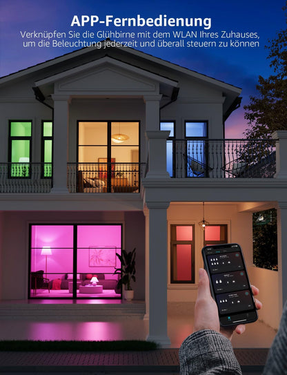 Lepro 9W E27 LED Lampe, Bluetooth APP-Steuerung Dimmbar RGBCW Birne, RGB & Warmwei?, 16 Farben, entspricht 60 W, 2700K bis Kaltwei? Kelvin LED Leuchtmittel, 4 St¨¹ck [Energieklasse F]