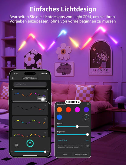 Lepro AI Glide Wall Light WL1, Wandleuchte mit Eingebautes Spracherkennung, Musik Sync, unterstützt Alexa & Google Assistant, KI-Lichtdesign-Assistent für Gaming Party Wand Deko, 8 Stück und 4 Ecke