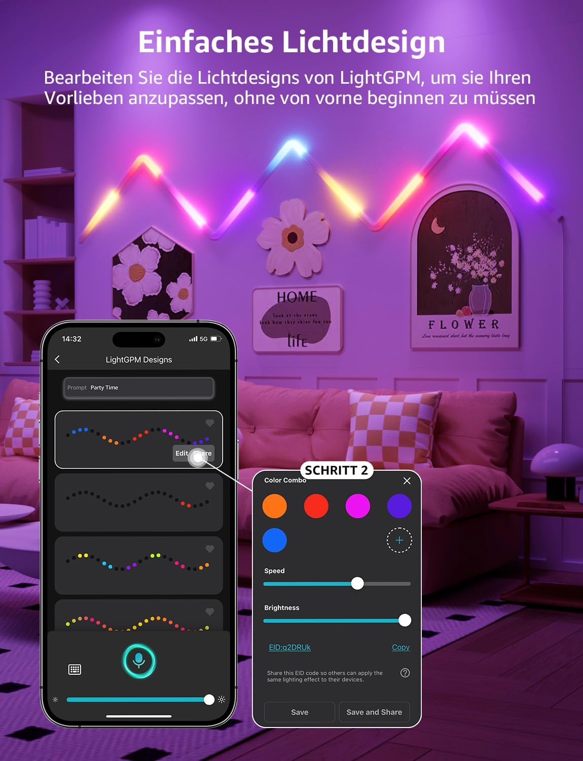 Lepro AI Glide Wall Light WL1, Wandleuchte mit Eingebautes Spracherkennung, Musik Sync, unterstützt Alexa & Google Assistant, KI-Lichtdesign-Assistent für Gaming Party Wand Deko, 6 Stück und 2 Ecke