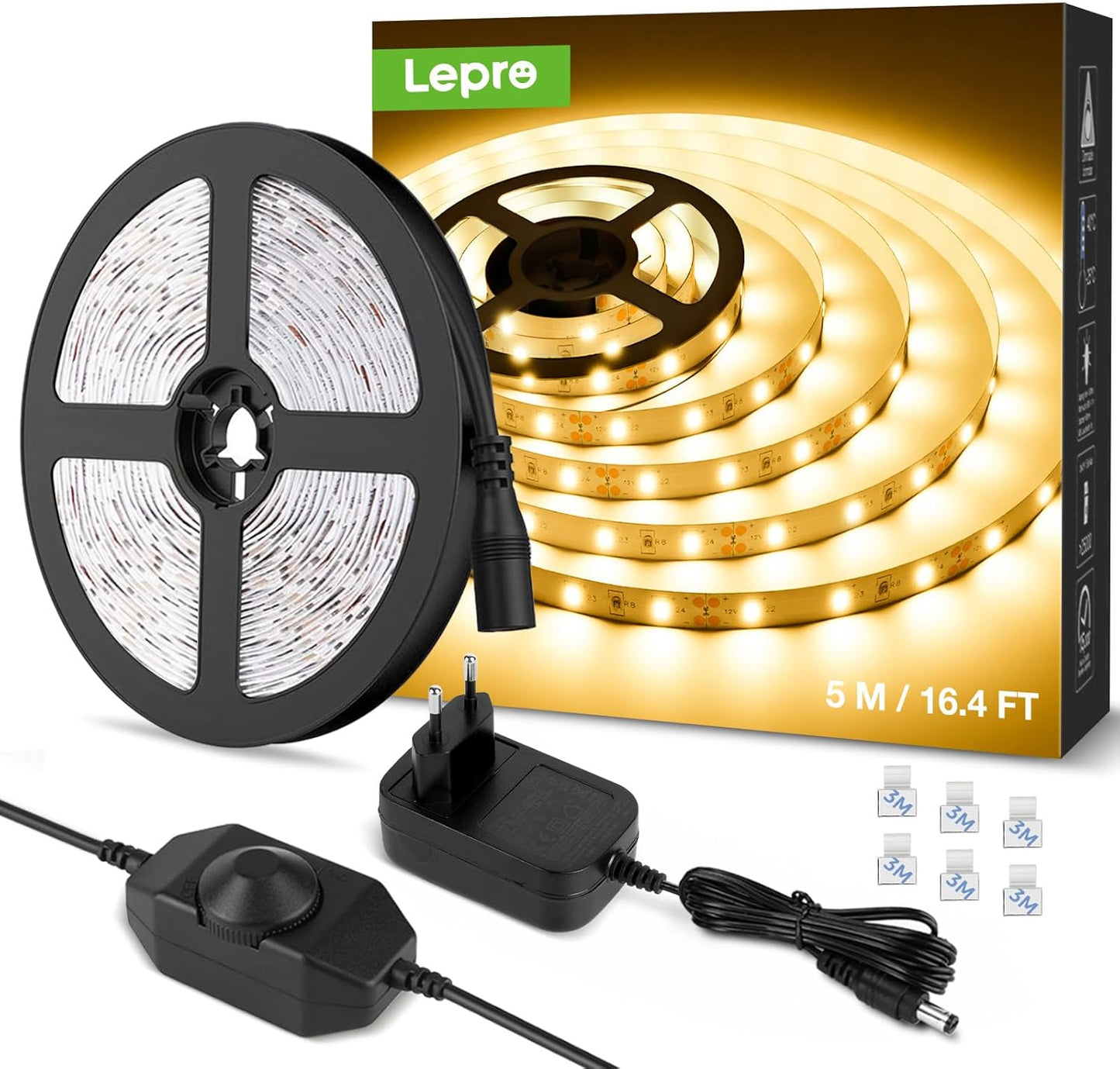 Lepro LED Strip 5M, Warmweiß 3000K Dimmbar, 300 LEDs, 12V Selbstklebend, IP20 Band, Flexible DIY Leiste, Lichtband Kette Mit Netzteil für Innen Küche Dekoration