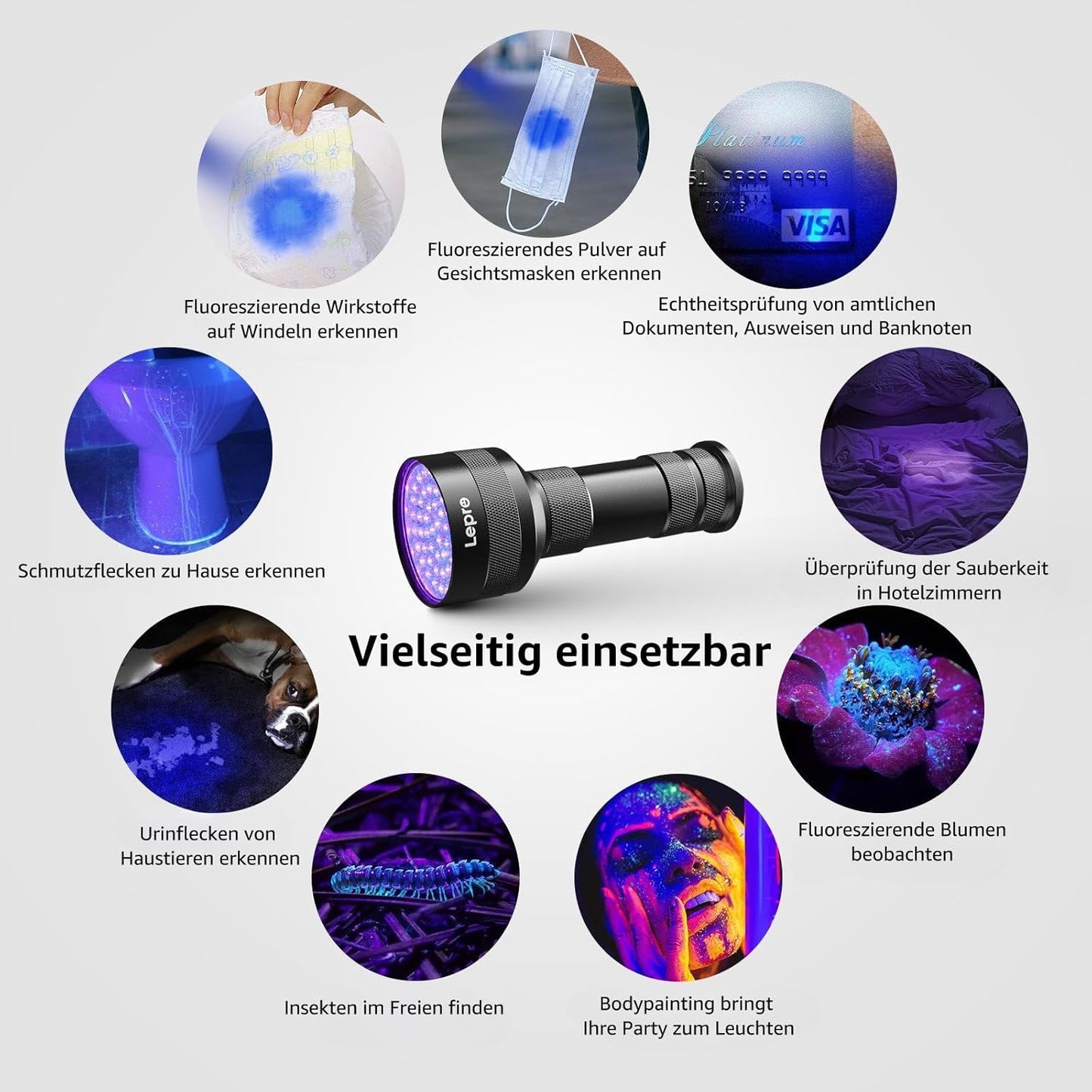 Lepro UV Schwarzlicht Taschenlampe mit 51 LEDs, UV Lampe HD51 Haustiere Urin-Detektor Ultraviolettes Licht mit 395nm für Eingetrocknete Flecken Ihrer Hunde, Katzen und Nagetiere auf Teppichen