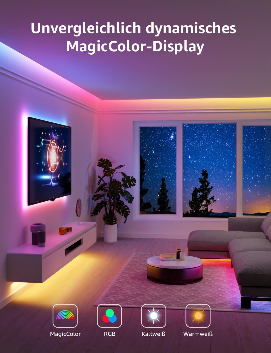 Lepro AI LED Streifen S1, MagicColor RGBIC 15M Smart LED Strip mit Personalisierter KI-Lichtdesigner, Musik-Sync, App-Steuerung kompatibel mit Alexa&Google Assistant, LED Lichterkette für Party&Gaming