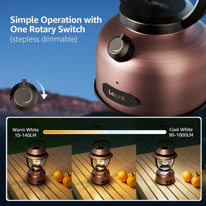 Campinglampe Aufladbar, Lepro Retro Camping lampe 1000 Lumen Dimmbar, 2500K Warmweiß und 5000K Kaltweiß, für Camping und Picknick, Innenbeleuchtung, Dekorative Beleuchtung, Notfälle usw.