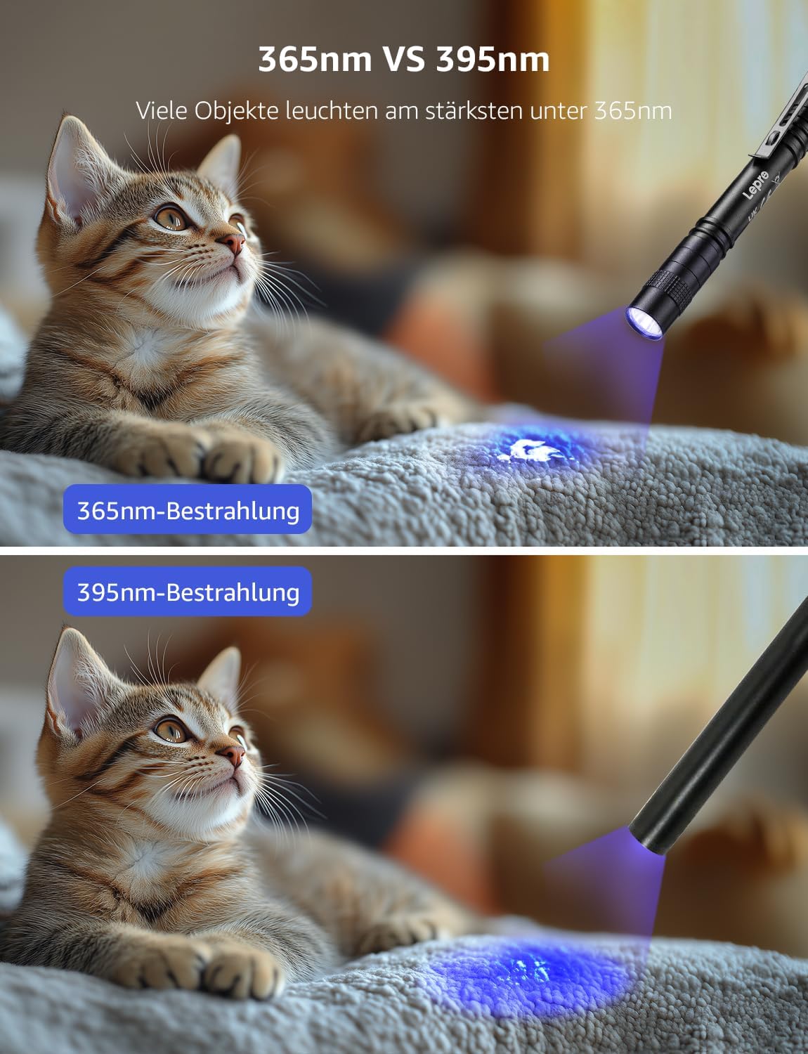 Lepro UV Taschenlampe, 365nm UV Lampe mit Clip, Batteriebetrieben Schwarzlicht Taschenlampe, Vielseitig & Tragbar Bernstein Lampe für Lecksuche, Haustierurin und Falschgeld-Erkennung