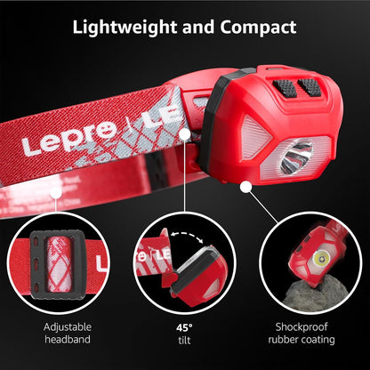 Lepro Stirnlampe, 1300 Lux LED XPG Kopflampe mit 6 Lichtmodi Scheinwerfer und Rotlicht, IPX4 spritzwassergeschütztes Gehäuse, Batteriebetrieben Stirnlampen, Ideal für Camping Joggen, Rot, 2 Stück