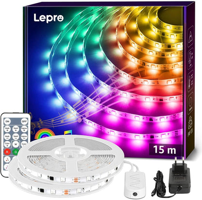 Lepro LED MagicColor Strip15M(2x7.5M), 450 LEDs Streifen Lichterkette, Musik Band mit Fernbedienung, Lichtband Wasserdicht IP65, Dimmbar Lichtleiste für Party, Weihnachten