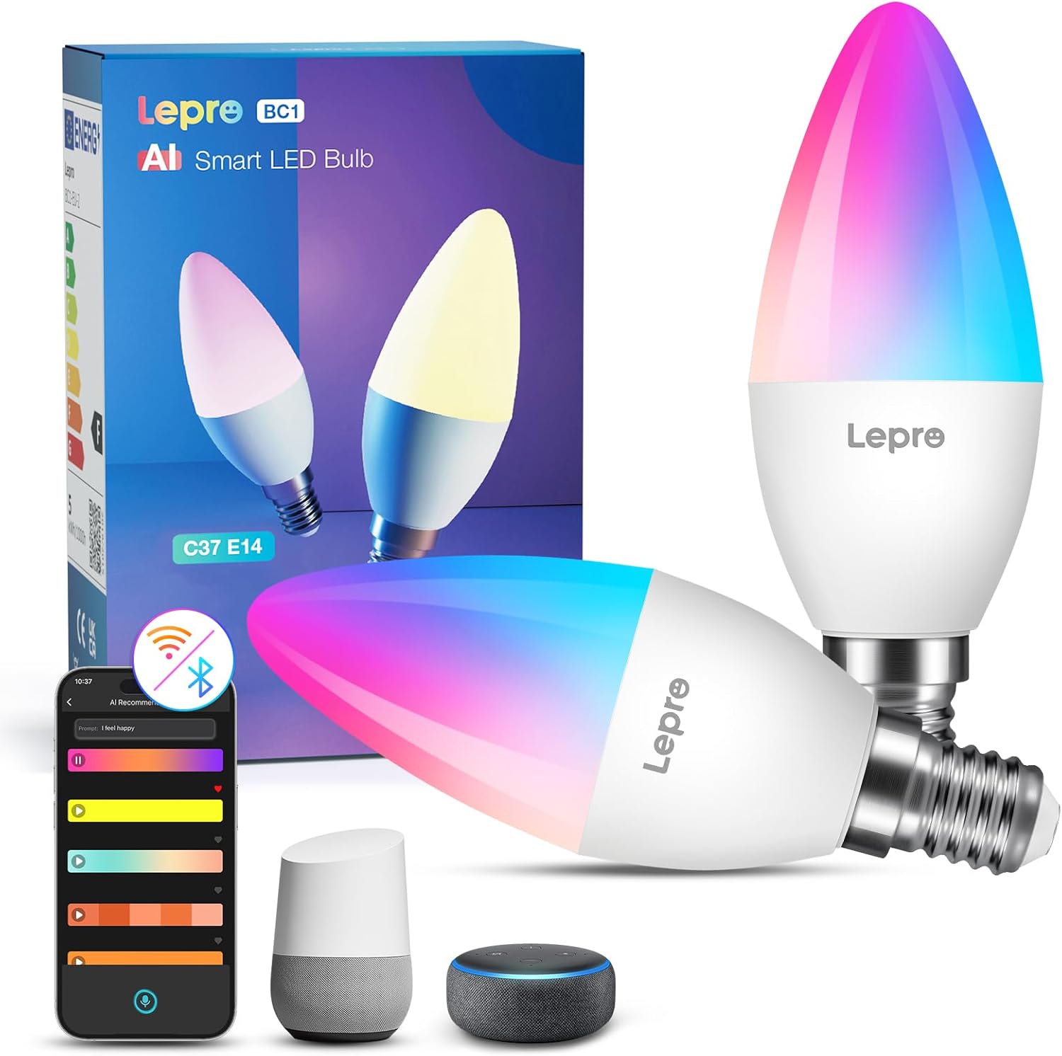Lepro AI Smart Glühbirne BC1, E14 Smart LED Lampe 4.9W 470LM Dimmbar, Großes Sprachmodell LLM, Farbwechsel mit Musik Sync/Eingebautes Spracherkennung, Bluetooth Sofortige Kopplung, 2 Stück