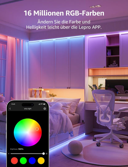 Lepro AI LED Streifen SE1, 15M Smart LED Strip RGB mit App-Sprachbefehle, Musik Sync, Personalisierter KI-Lichtdesigner, kompatibel mit Alexa&Google Assistant, für Party/Zuhause, Keine Fernbedienung