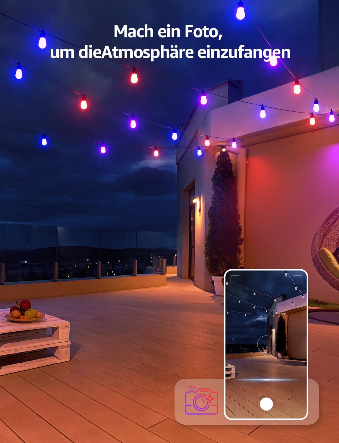 15 M LED Lichterkette Für Außen – 20 RGB S14 Glühbirnen, Smarte App & Fernbedienung, 99+ Modi, IP65 Wasserdicht, USB, Für Party & Garten