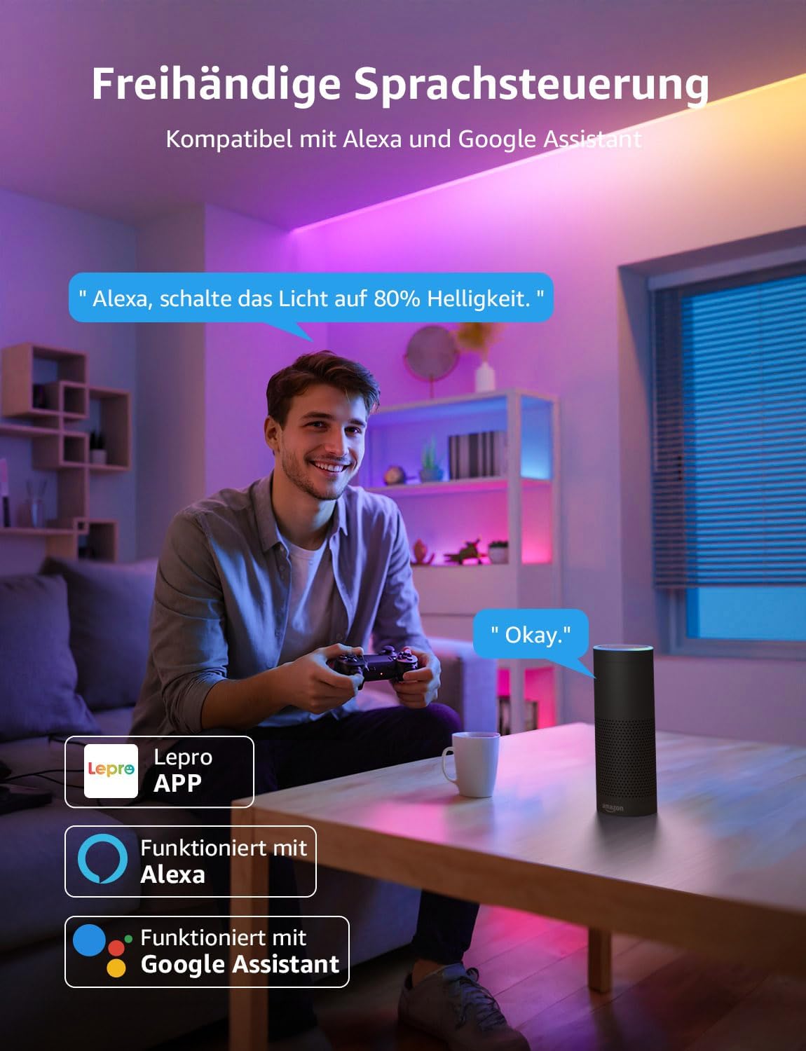 Lepro AI LED Streifen S1, MagicColor RGBIC 10M Smart LED Strip mit Personalisierter KI-Lichtdesigner, Musik-Sync, App-Steuerung kompatibel mit Alexa&Google Assistant, LED Lichterkette für Party&Gaming