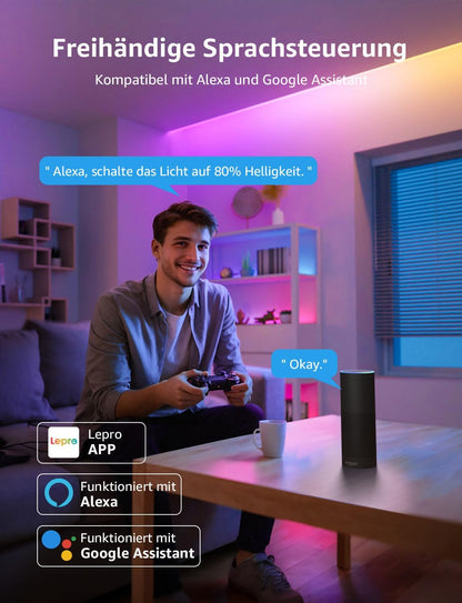 Lepro AI LED Streifen S1, MagicColor RGBIC 20M Smart LED Strip mit Personalisierter KI-Lichtdesigner, Musik-Sync, App-Steuerung kompatibel mit Alexa&Google Assistant, LED Lichterkette für Party&Gaming