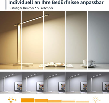 Lepro Schreibtischlampe, LED Tischlampe Dimmbar, Nachttischlampe 800LM 3 Farben und 5 Helligkeitsstufen, Tageslichtlampe Augenschutz, Tischleuchte, Schreibtisch Lampe für Kinder, Büro, Weiß