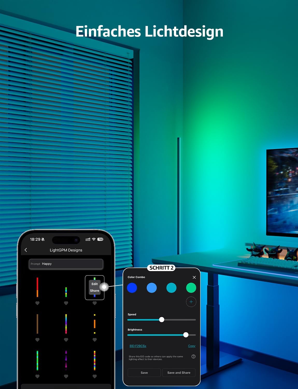 Lepro AI Smart Stehlampe Wohnzimmer OE1, Stehlampe Dimmbar, Sprachsteuerung/Musik Sync/DIY, Personalisierter KI-Lichtdesigner, Kompatibel mit Alexa/Google, 16 Millionen Farben