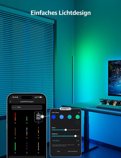 Lepro AI Smart Stehlampe Wohnzimmer OE1, Stehlampe Dimmbar, Sprachsteuerung/Musik Sync/DIY, Personalisierter KI-Lichtdesigner, Kompatibel mit Alexa/Google, 16 Millionen Farben