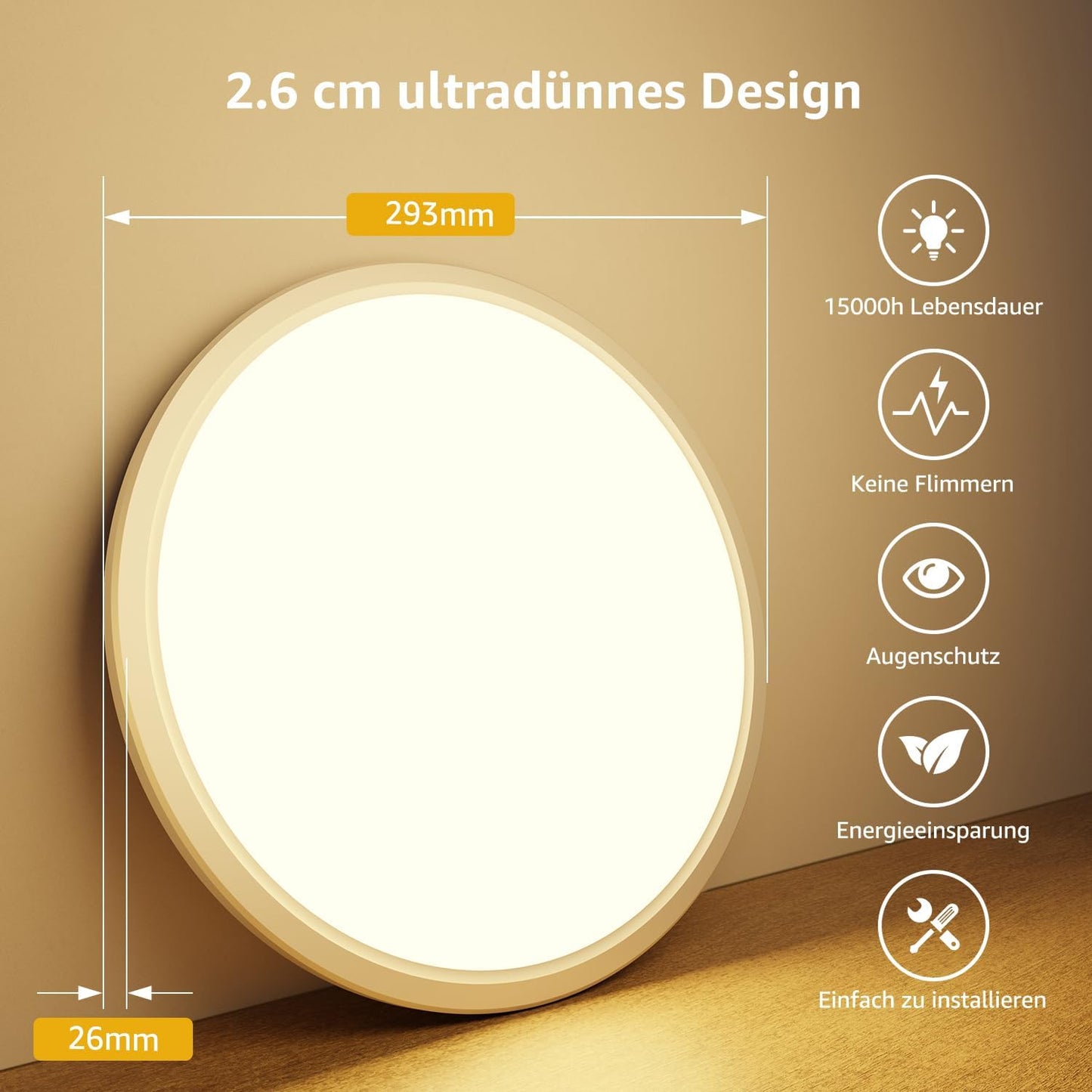 Lepro Deckenlampe 24W, IP44 Wasserfest Deckenleuchte，3000K 2400LM Badezimmer Lampe, Warmweiß Deckenleuchte Badezimmer, ideal Badezimmerlampe Decke für Bad Schlafzimmer Flur Küche Wohnzimmer, Ø29.3cm