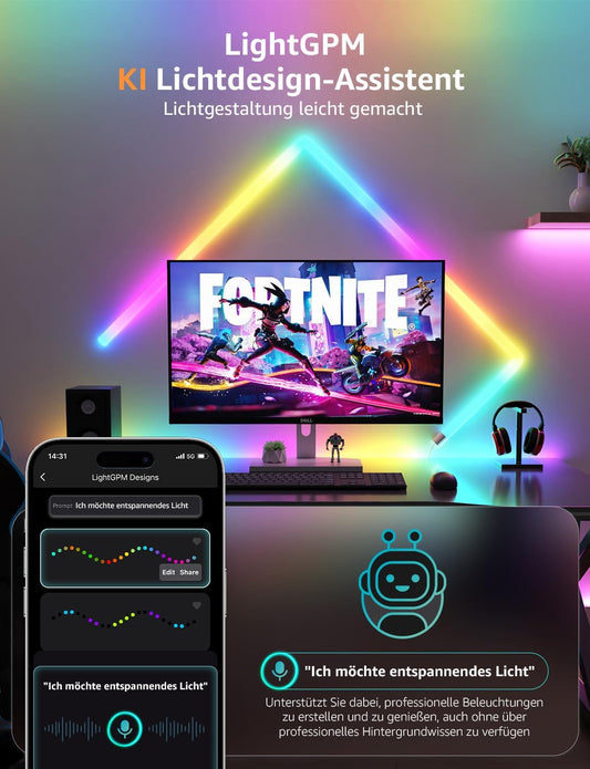 Lepro AI Glide Wall Light WL1, Wandleuchte mit Eingebautes Spracherkennung, Musik Sync, unterstützt Alexa & Google Assistant, KI-Lichtdesign-Assistent für Gaming Party Wand Deko, 8 Stück und 4 Ecke