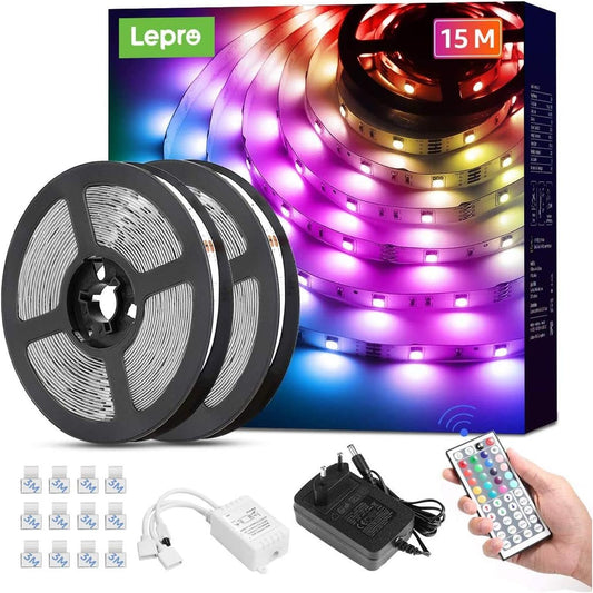 Lepro LED Strip 15M(2x7.5M) RGB Set, 5050 SMD 450 LEDs Streifen, 12V, LED Band Selbstklebend, Flexibel LED Lichtband, LED Lichterkette IP20, LED Leiste Kette Dimmbar, Netzteil und Controller enthalten