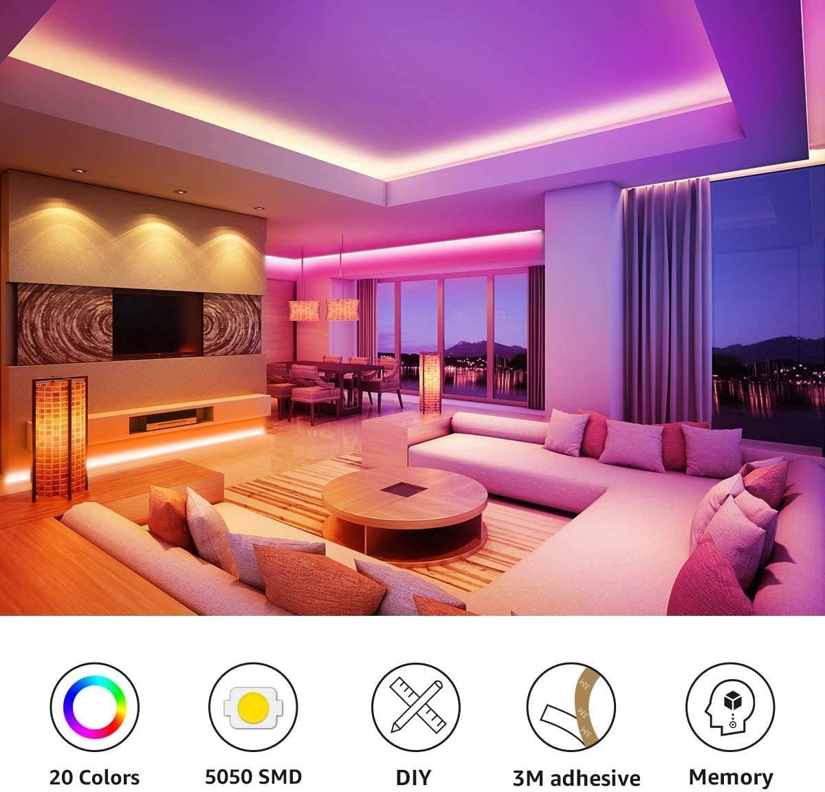 LE LED Strip 5m Selbstklebend, LED Streifen RGB 300 Stück 5050 LEDs Super Hell, 12V LED Band Farbwechsel Deko Leiste mit Netzteil Fernbedienung Lichtband für Haus Küche Feiertag