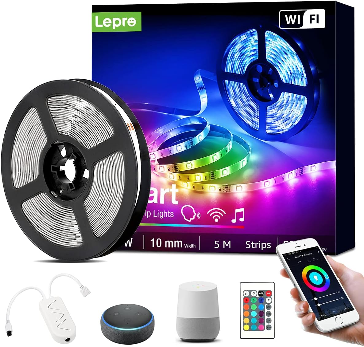 Lepro Smart LED Strip 5M Musiksteuerung,Wifi LED Streifen RGB Dimmbar, Wlan LED Band,Superhell Lichtband Selbstklebend,Farbwechsel Lichterkette mit Fernbedienung,Kompatibel mit Alexa,App,Google Home