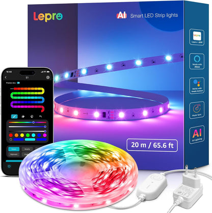 Lepro AI LED Streifen S1, MagicColor RGBIC 20M Smart LED Strip mit Personalisierter KI-Lichtdesigner, Musik-Sync, App-Steuerung kompatibel mit Alexa&Google Assistant, LED Lichterkette für Party&Gaming