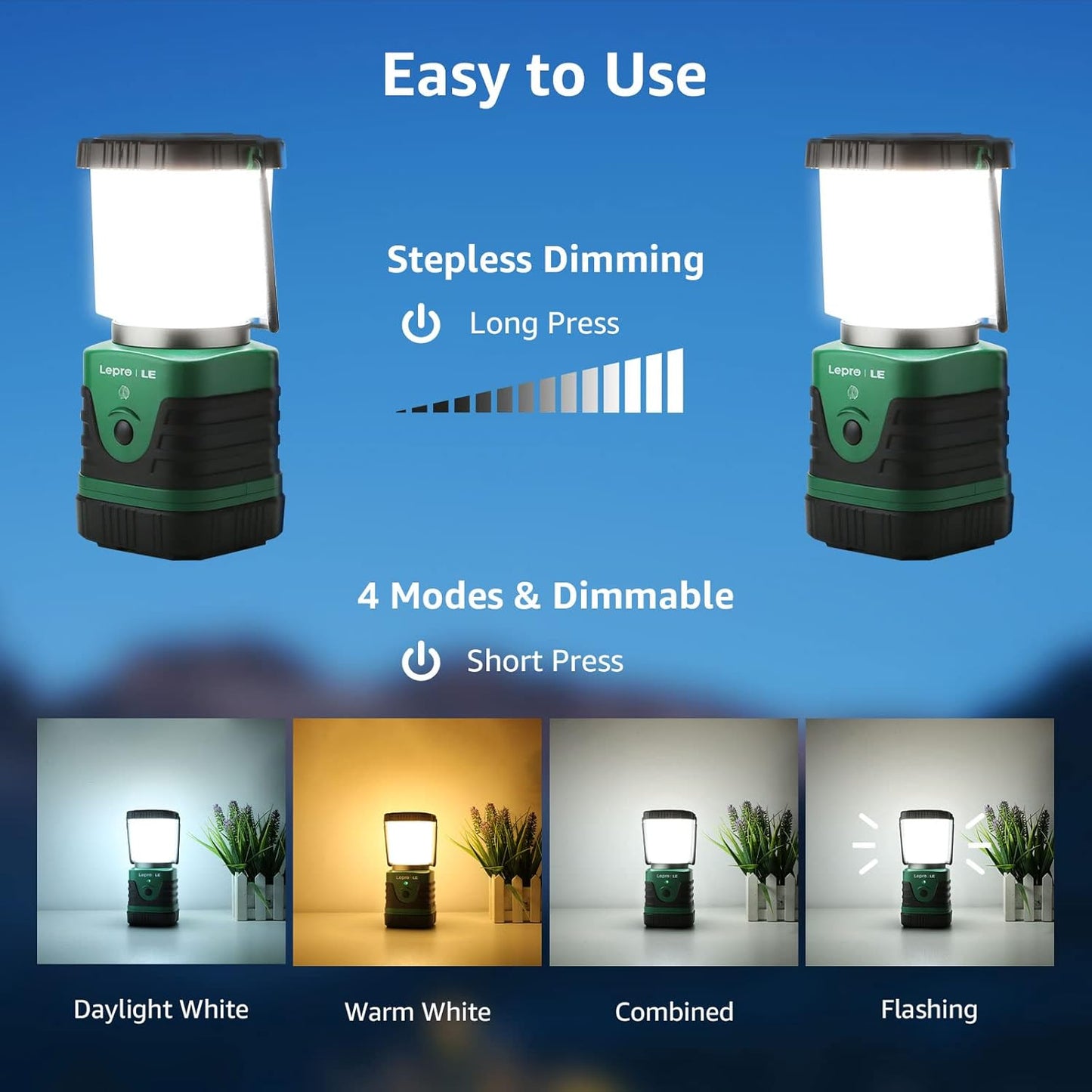 LE LED Campinglampe Tragbar, Superhell wiederaufladbare Suchscheinwerfer mit Bügel und Haken, 4 Helligkeiten Dimmbar, Notfallleuchte für Stromausfällen, Wandern, Notfall, Ausfälle usw. 2 Stück