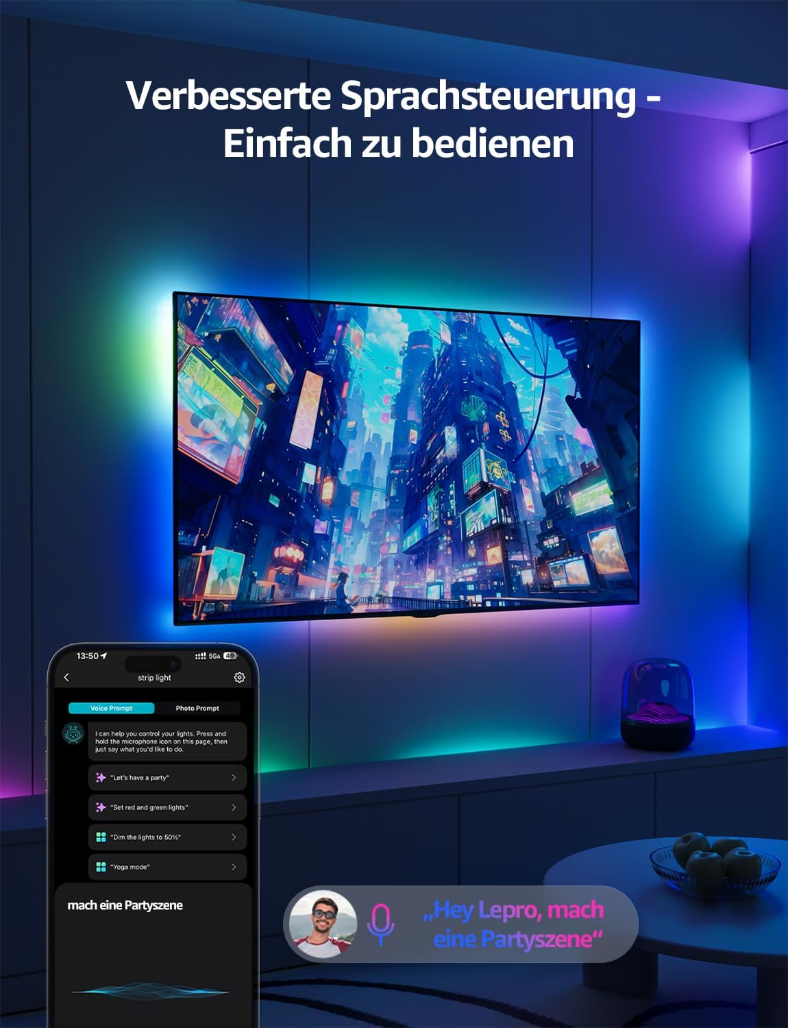 Lepro AI LED Streifen S2, 5M RGBCW LED Strip mit echtem Wei?licht, MagicColor RGBIC, Personalisierter KI-Lichtdesigner, Musik-Sync, Kompatibel mit Alexa & Google Assistant f¨¹r Gaming & Ambiente