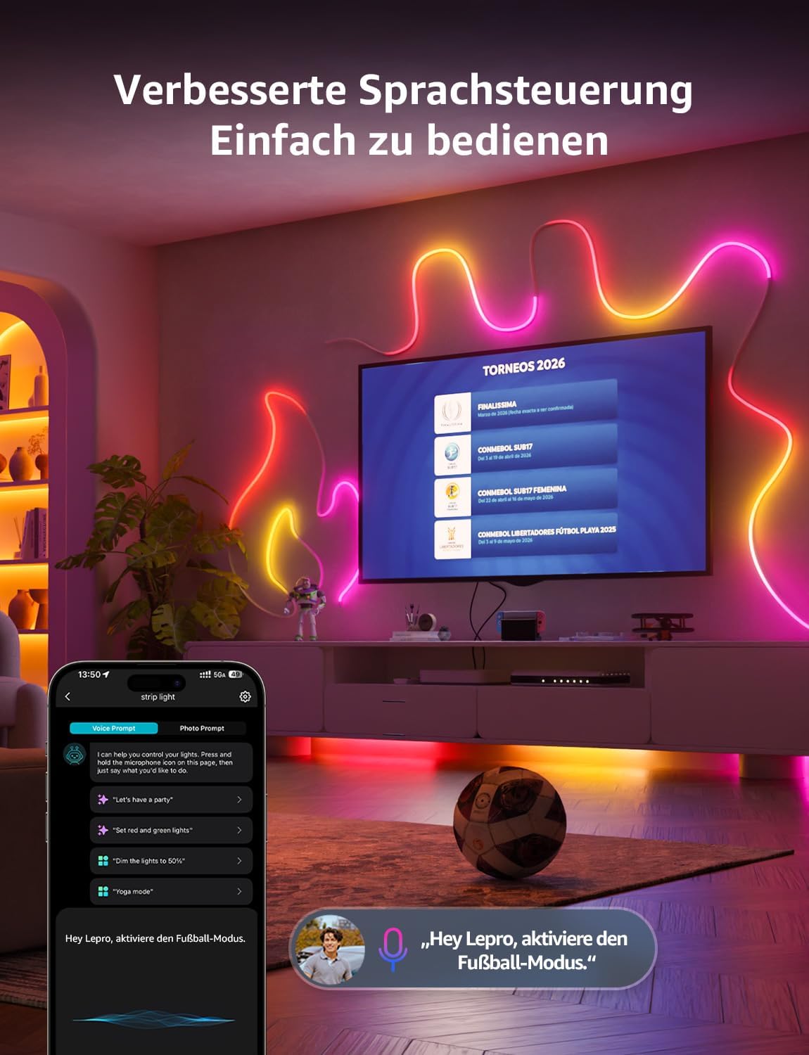 Lepro Neon AI LED Strip 3m, RGB LED Streifen mit App-, Musik- und Sprachsteuerung, kompatibel mit Alexa & Google Assistant, für Wohnzimmer, Gaming, Party, Wanddeko, Personalisierter KI-Lichtdesigner