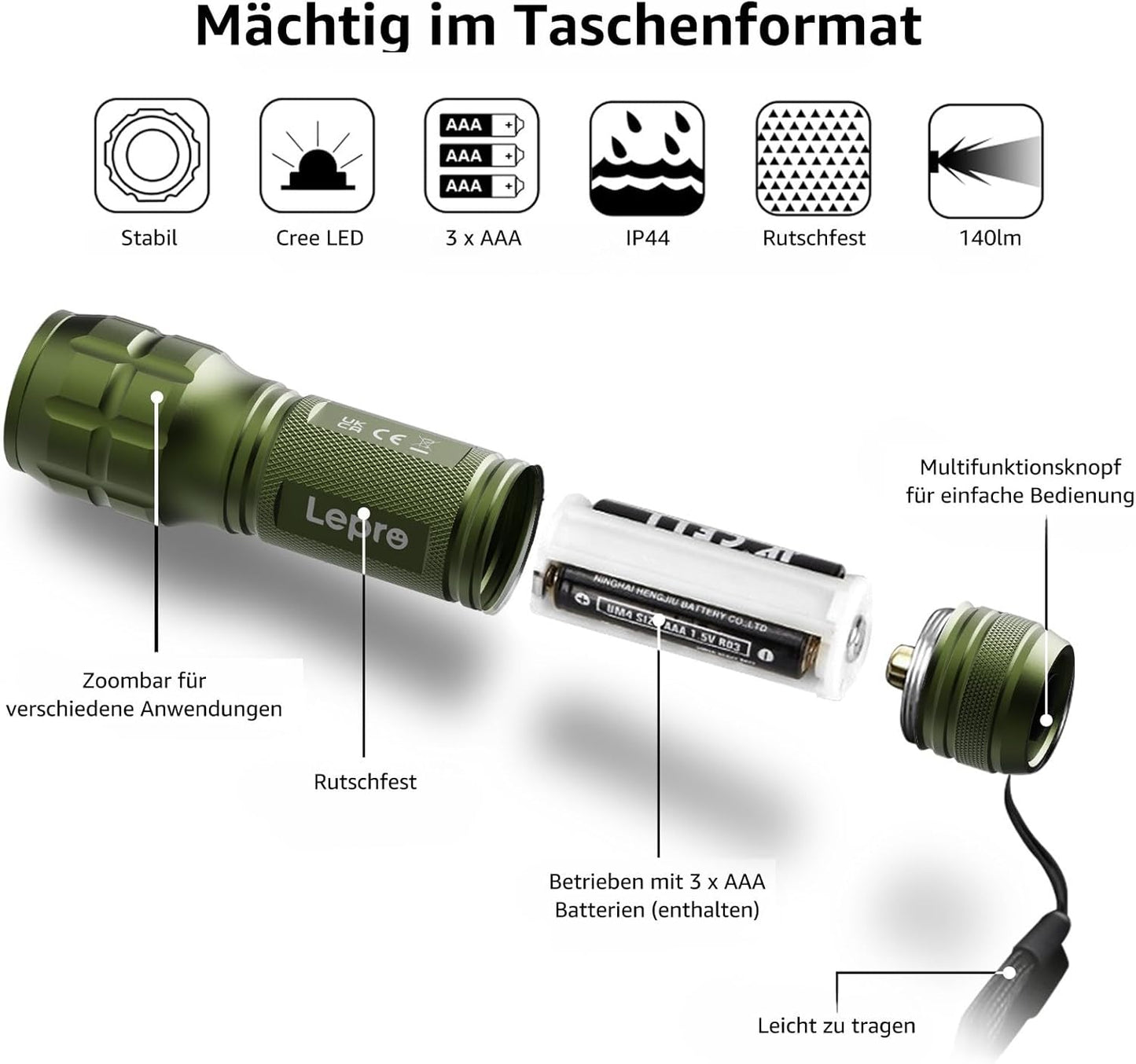 Lighting EVER LED Taschenlampe Klein, Extrem Hell & Zoombar Mini Taschenlampen Batteriebetrieben für Kinder, Wasserdichte Handlampe für Camping, Outdoor, Notfälle (2er-Pack in Grün)