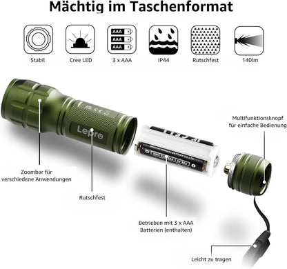 Lighting EVER LED Taschenlampe Klein, Extrem Hell & Zoombar Mini Taschenlampen Batteriebetrieben f¨¹r Kinder, Wasserdichte Handlampe f¨¹r Camping, Outdoor, Notf?lle (Gr¨¹n)