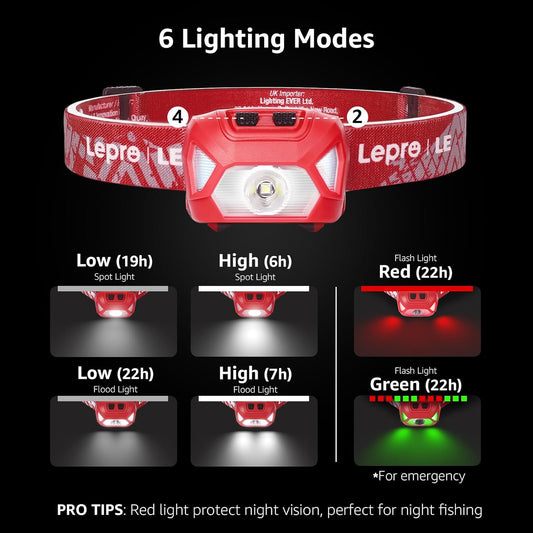 Lepro Stirnlampe, 1300 Lux LED XPG Kopflampe mit 6 Lichtmodi Scheinwerfer und Rotlicht, IPX4 spritzwassergeschütztes Gehäuse, Batteriebetrieben Stirnlampen, Ideal für Camping Joggen, Rot, 2 Stück